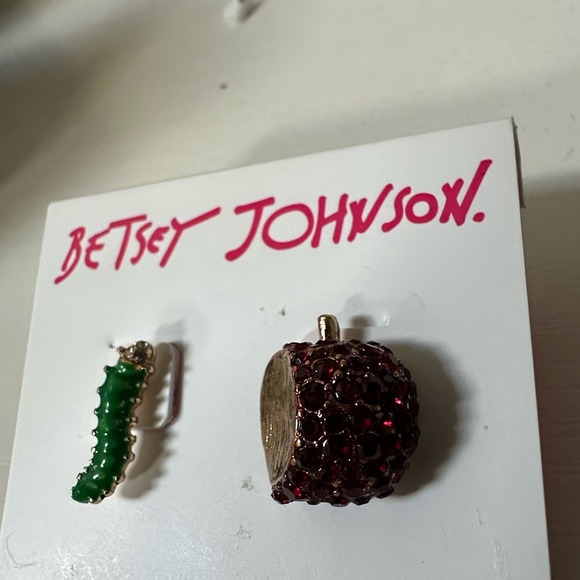 New Betsey Johnson caterpillar worm red rhinestone apple mismatch earrings - Picture 4 of 5